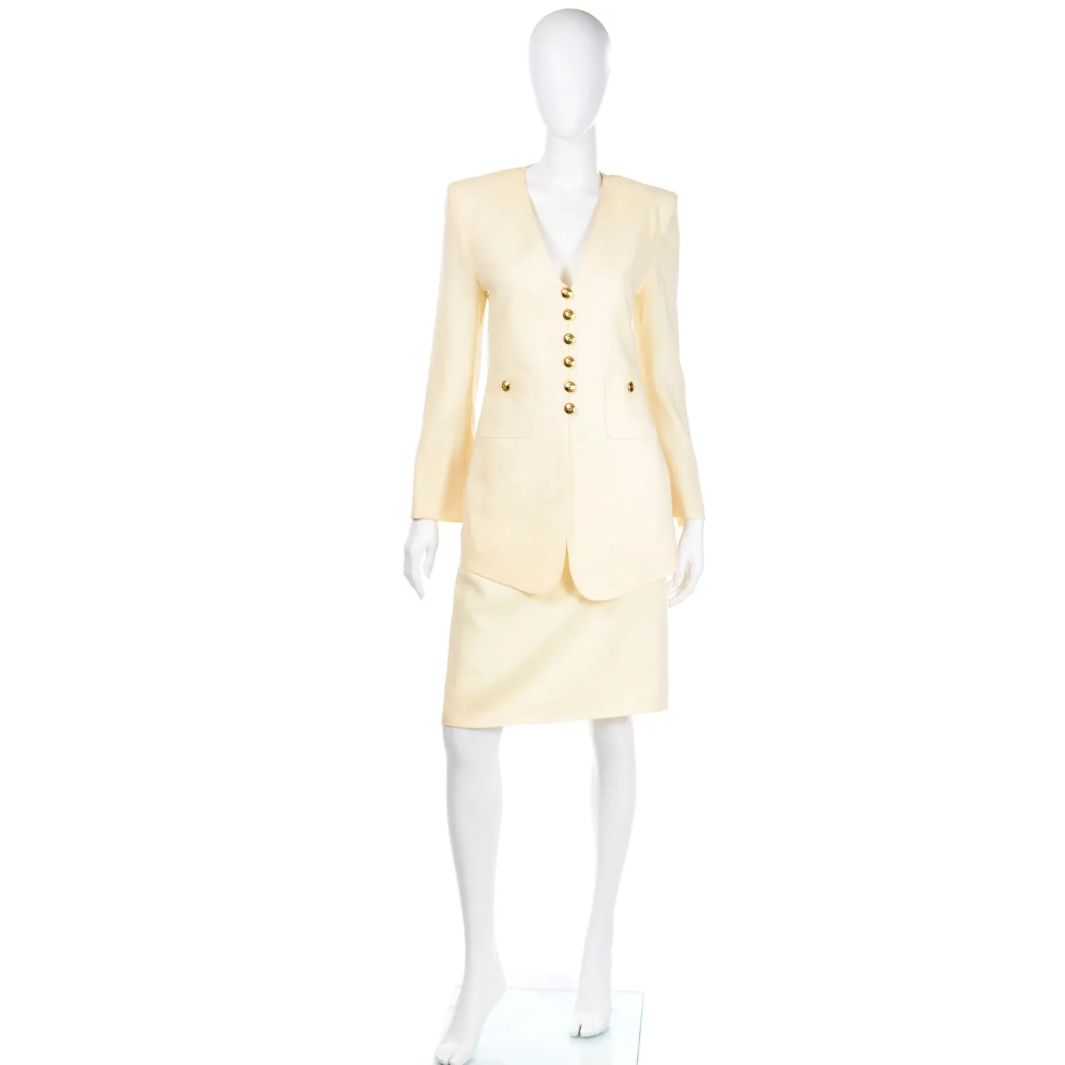 1990s Sonia Rykiel Cream Wool Skirt & Long Line Blazer Jacket Suit