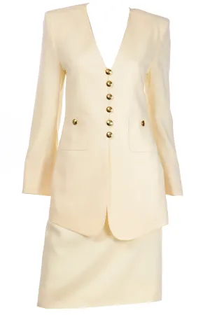 1990s Sonia Rykiel Cream Wool Skirt & Long Line Blazer Jacket Suit