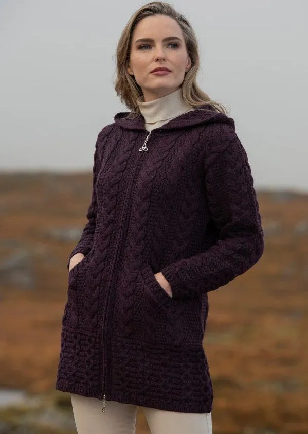 Aran Hooded Cardigan With Celtic Knot Zipper | Plum