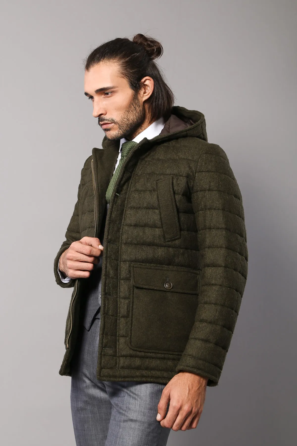 Bag Pocket Felt Hooded 4 Pocket Green Coat-Wessi