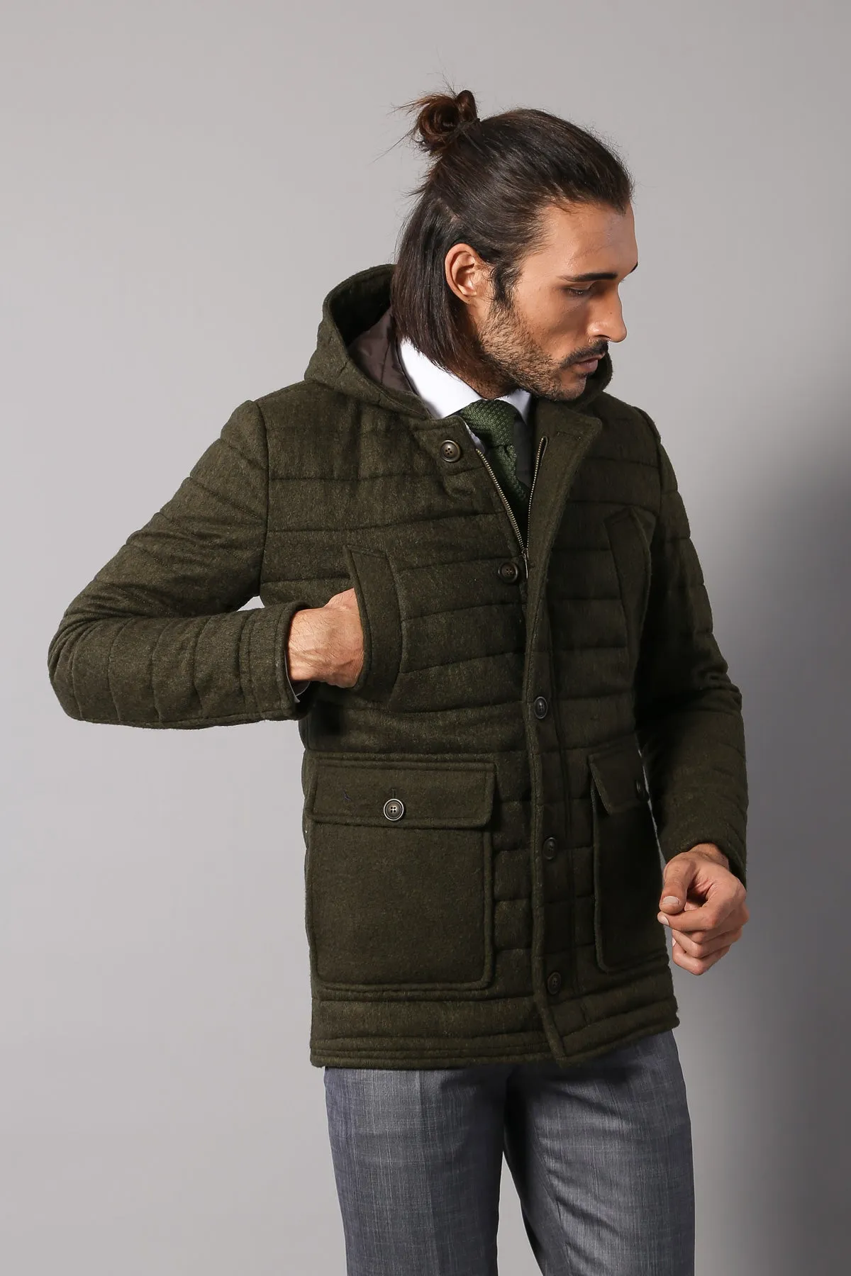 Bag Pocket Felt Hooded 4 Pocket Green Coat-Wessi