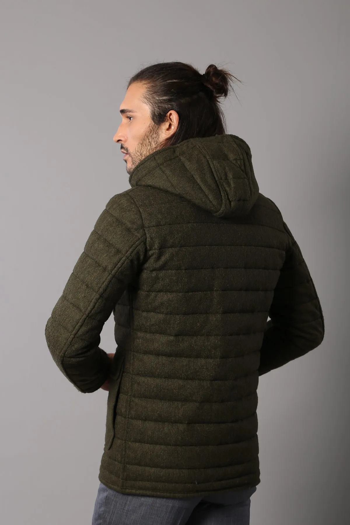 Bag Pocket Felt Hooded 4 Pocket Green Coat-Wessi