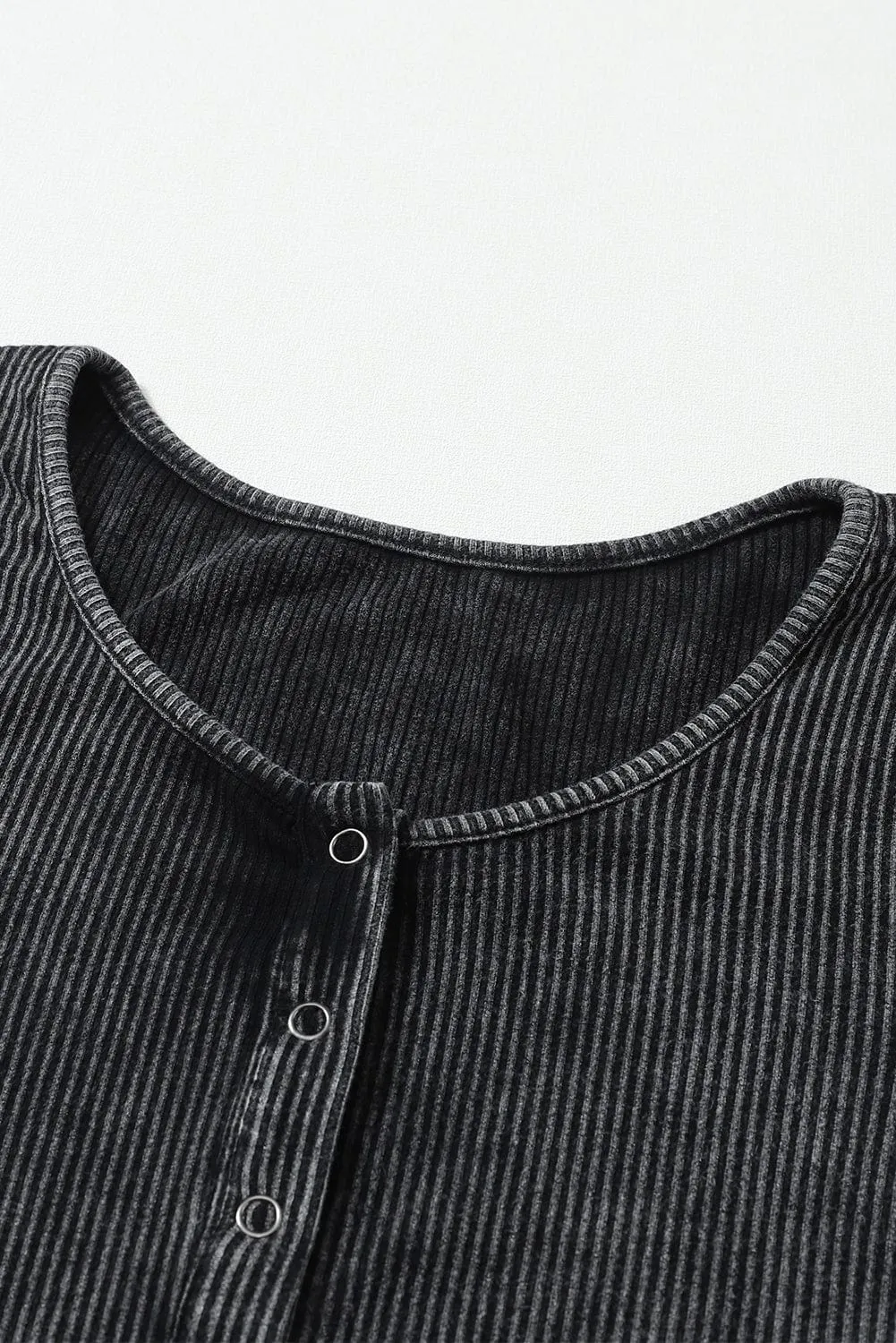 Black Ribbed Knit Henley