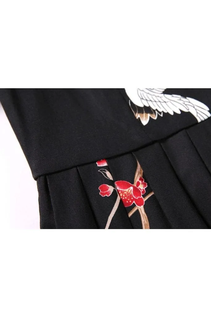 Black Sweetheart Pleated A-Line Dress with White Cranes and Pink Cherry Blossom Short Sleeve Vintage Dress