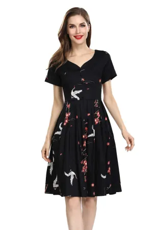 Black Sweetheart Pleated A-Line Dress with White Cranes and Pink Cherry Blossom Short Sleeve Vintage Dress