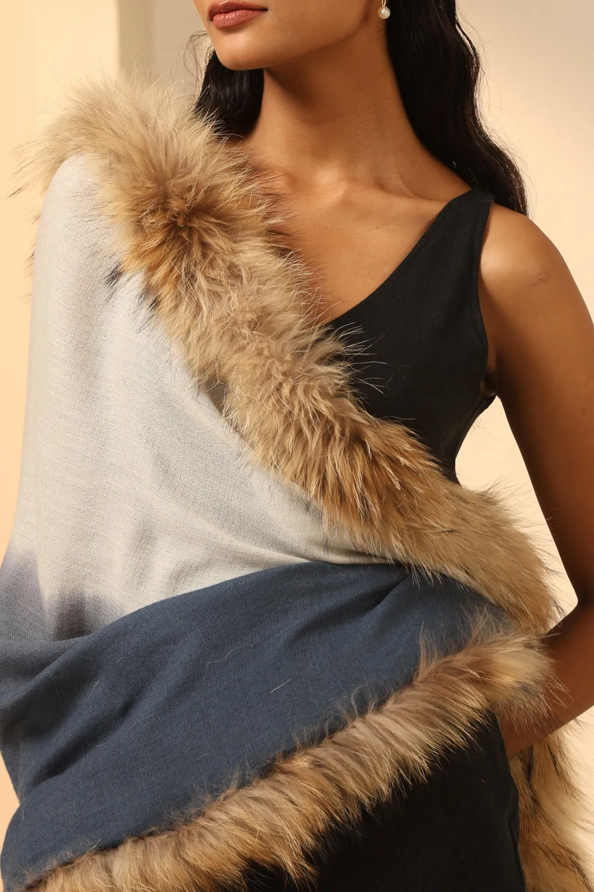 Blue and White Half and half Cashmere Faux Fur Stole