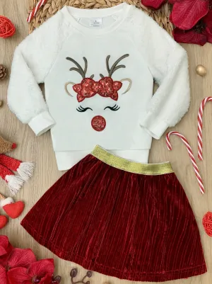 Blushing Reindeer Velvet Skirt Set