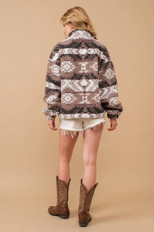 Bohemian Aztec Teddy Mock Neck Zip Up Pullover