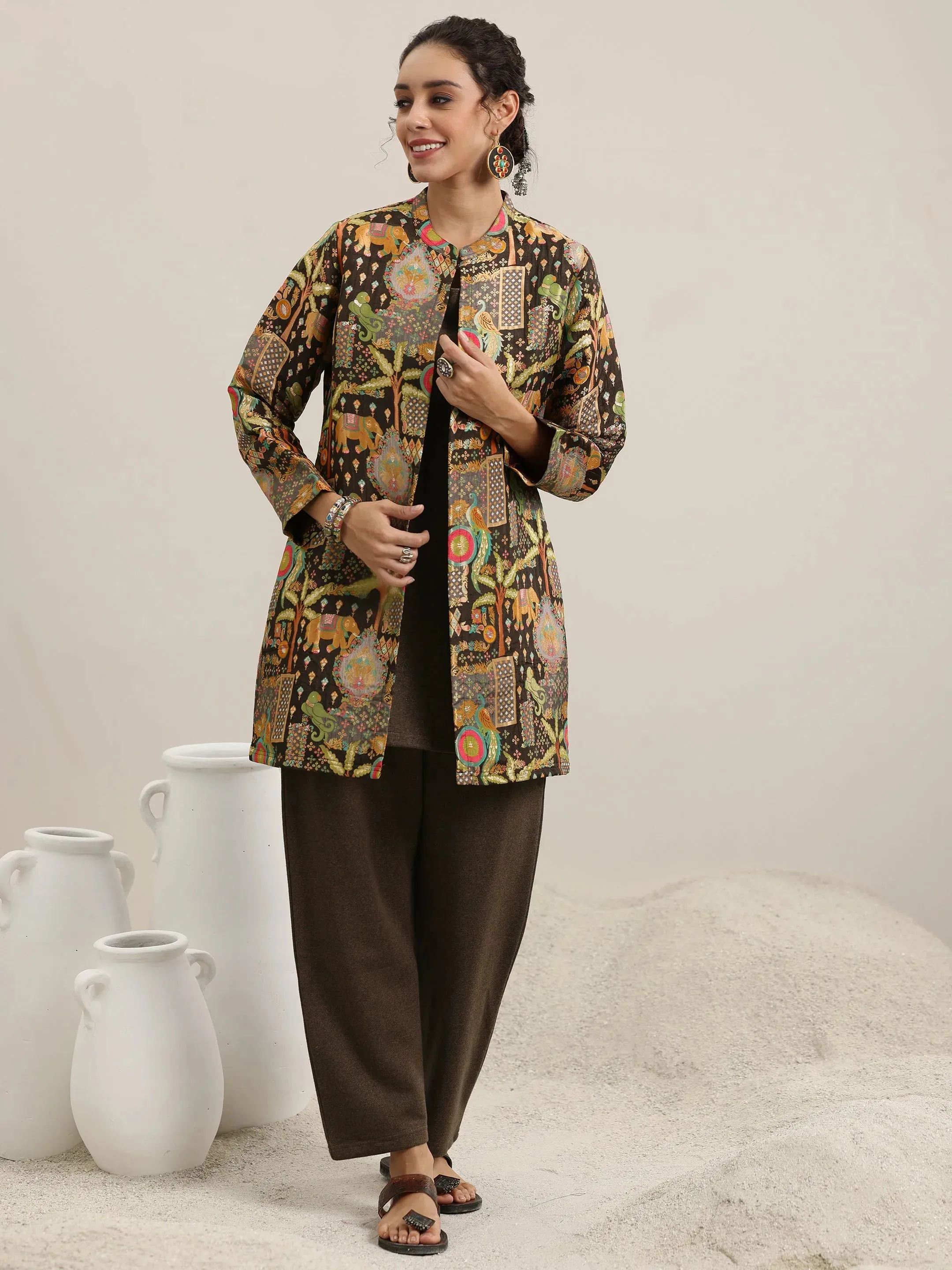 Brown Solid Wool Blend Straight Kurta With Palazzos