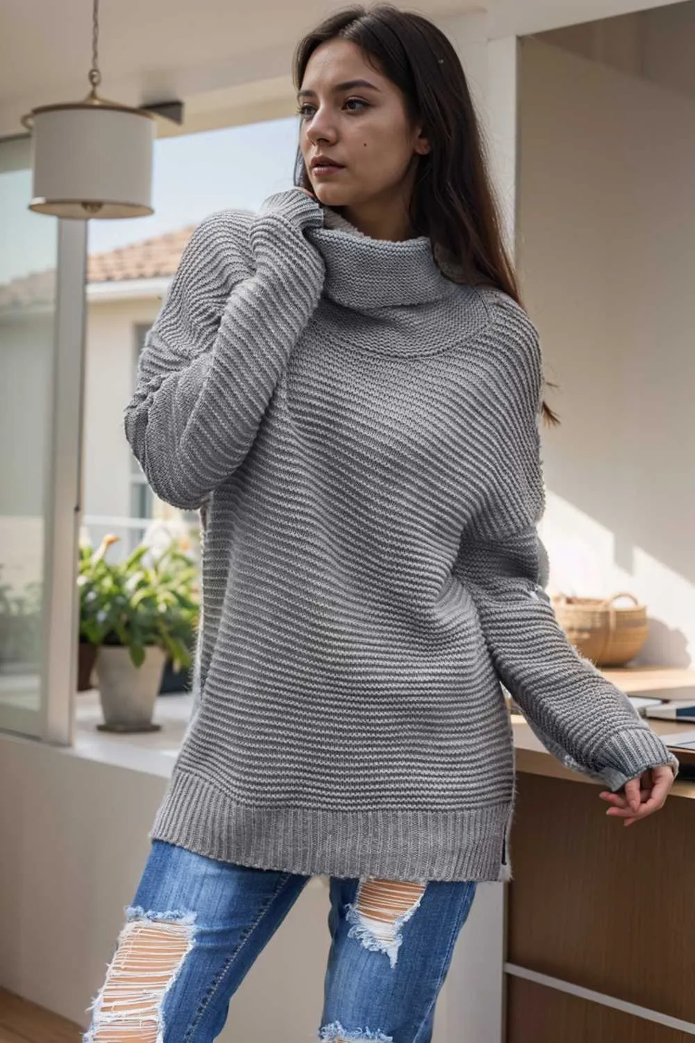 casual chunky knit mock neck long sleeve split pullover sweater