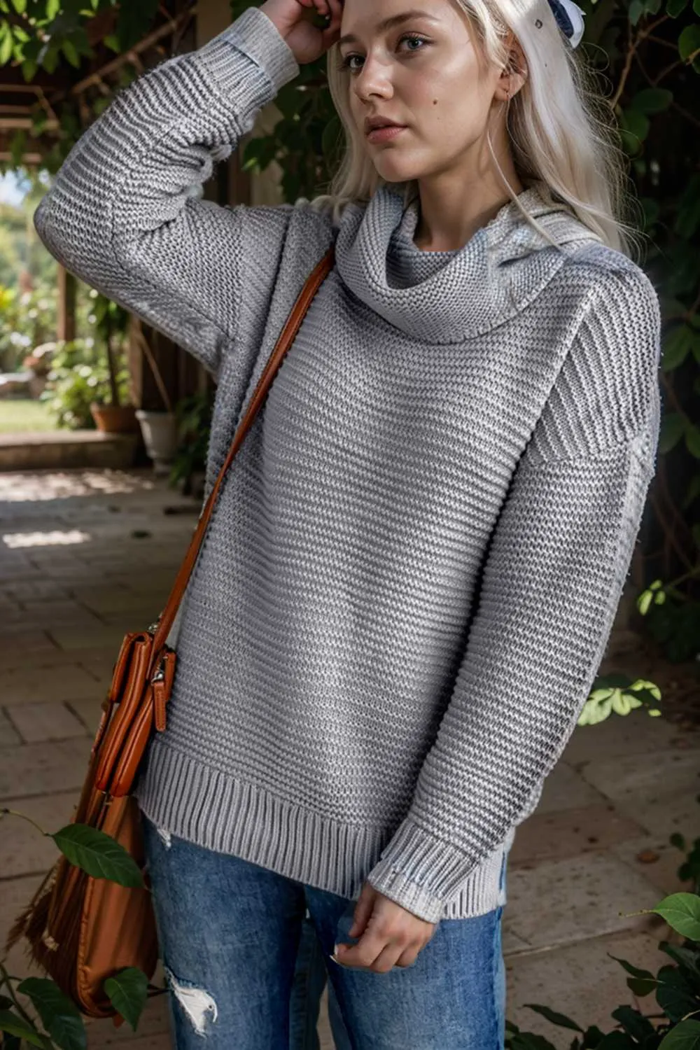 casual chunky knit mock neck long sleeve split pullover sweater