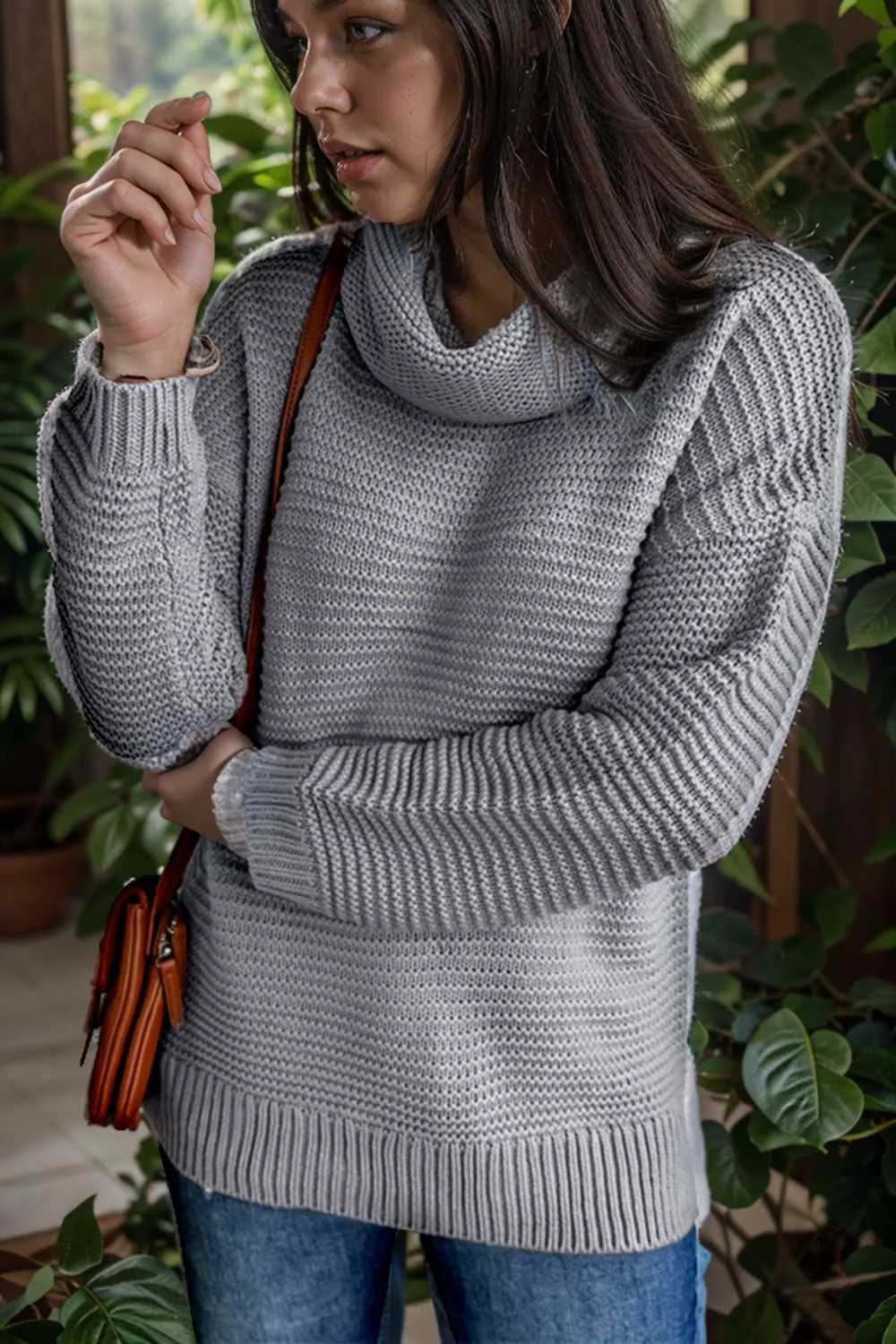 casual chunky knit mock neck long sleeve split pullover sweater