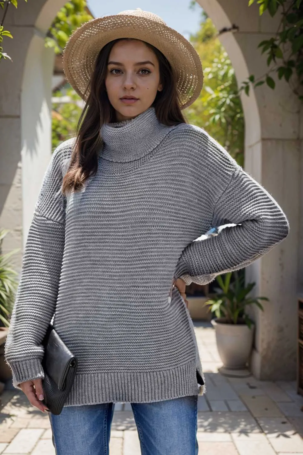 casual chunky knit mock neck long sleeve split pullover sweater