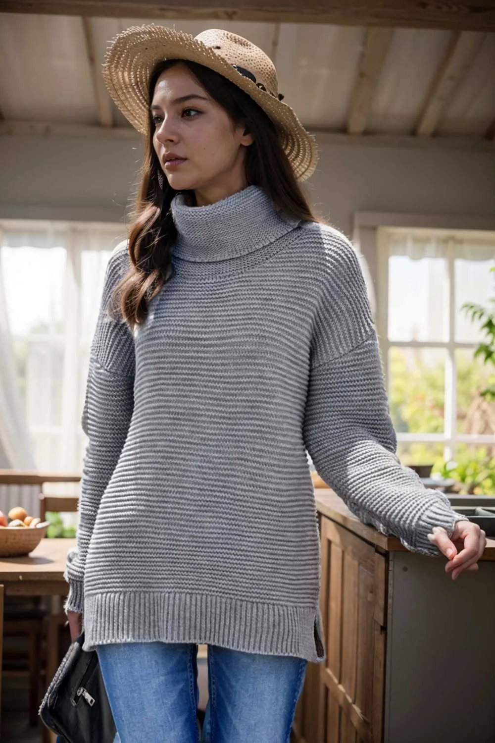 casual chunky knit mock neck long sleeve split pullover sweater