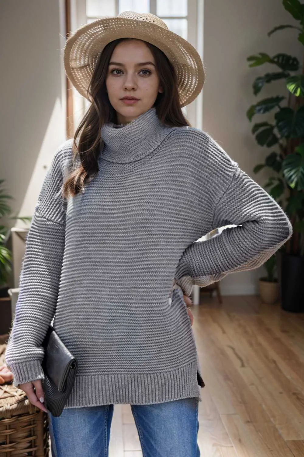 casual chunky knit mock neck long sleeve split pullover sweater