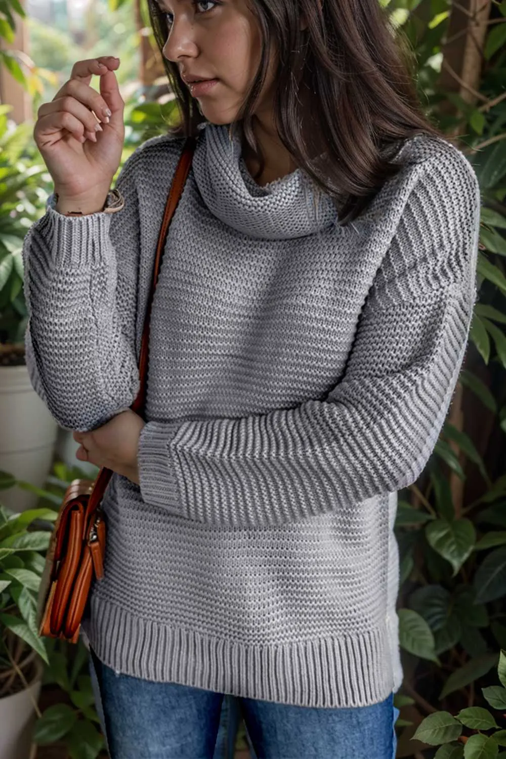 casual chunky knit mock neck long sleeve split pullover sweater