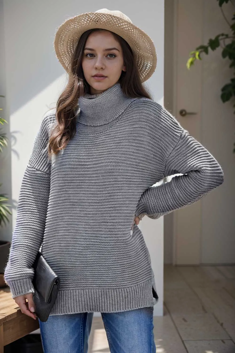 casual chunky knit mock neck long sleeve split pullover sweater