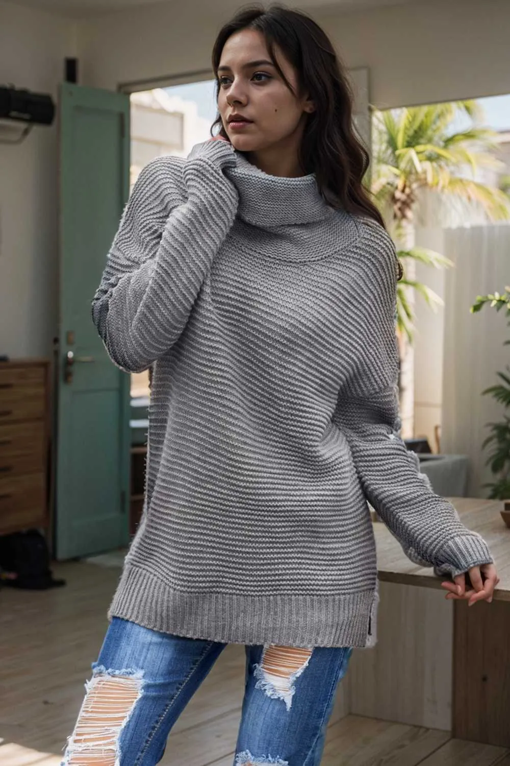 casual chunky knit mock neck long sleeve split pullover sweater