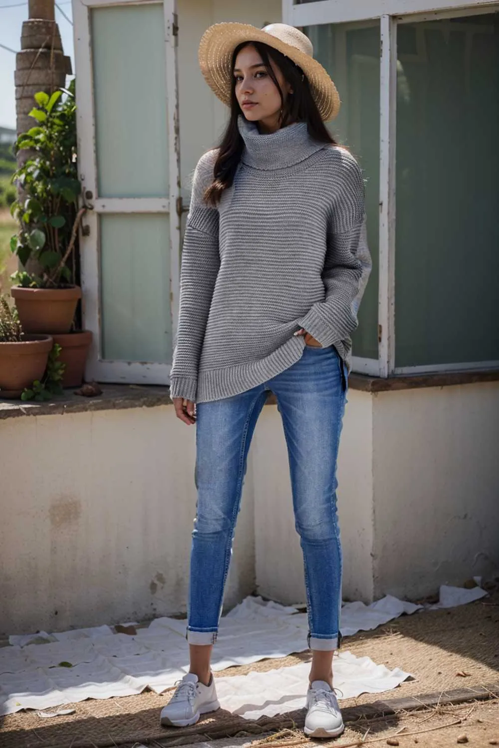 casual chunky knit mock neck long sleeve split pullover sweater