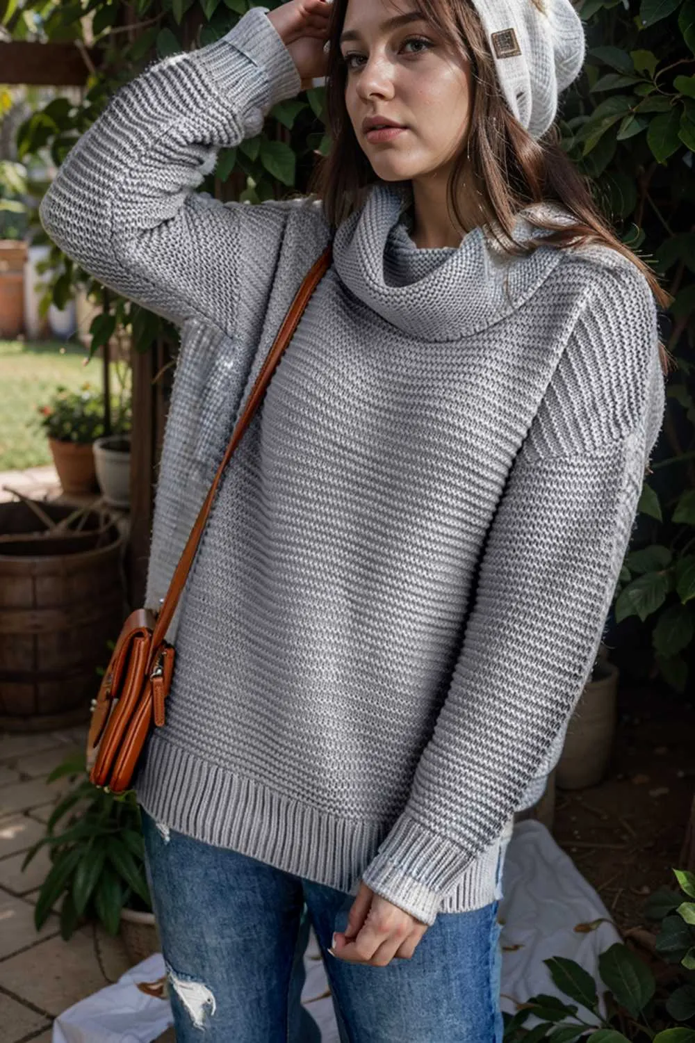 casual chunky knit mock neck long sleeve split pullover sweater