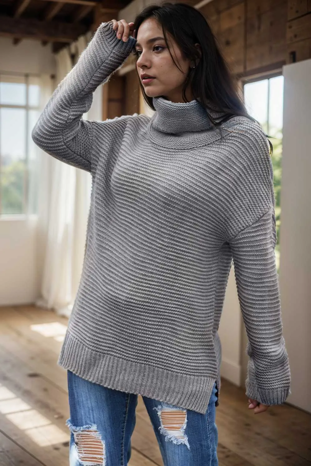 casual chunky knit mock neck long sleeve split pullover sweater