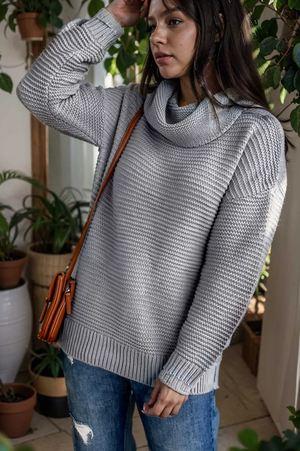 casual chunky knit mock neck long sleeve split pullover sweater