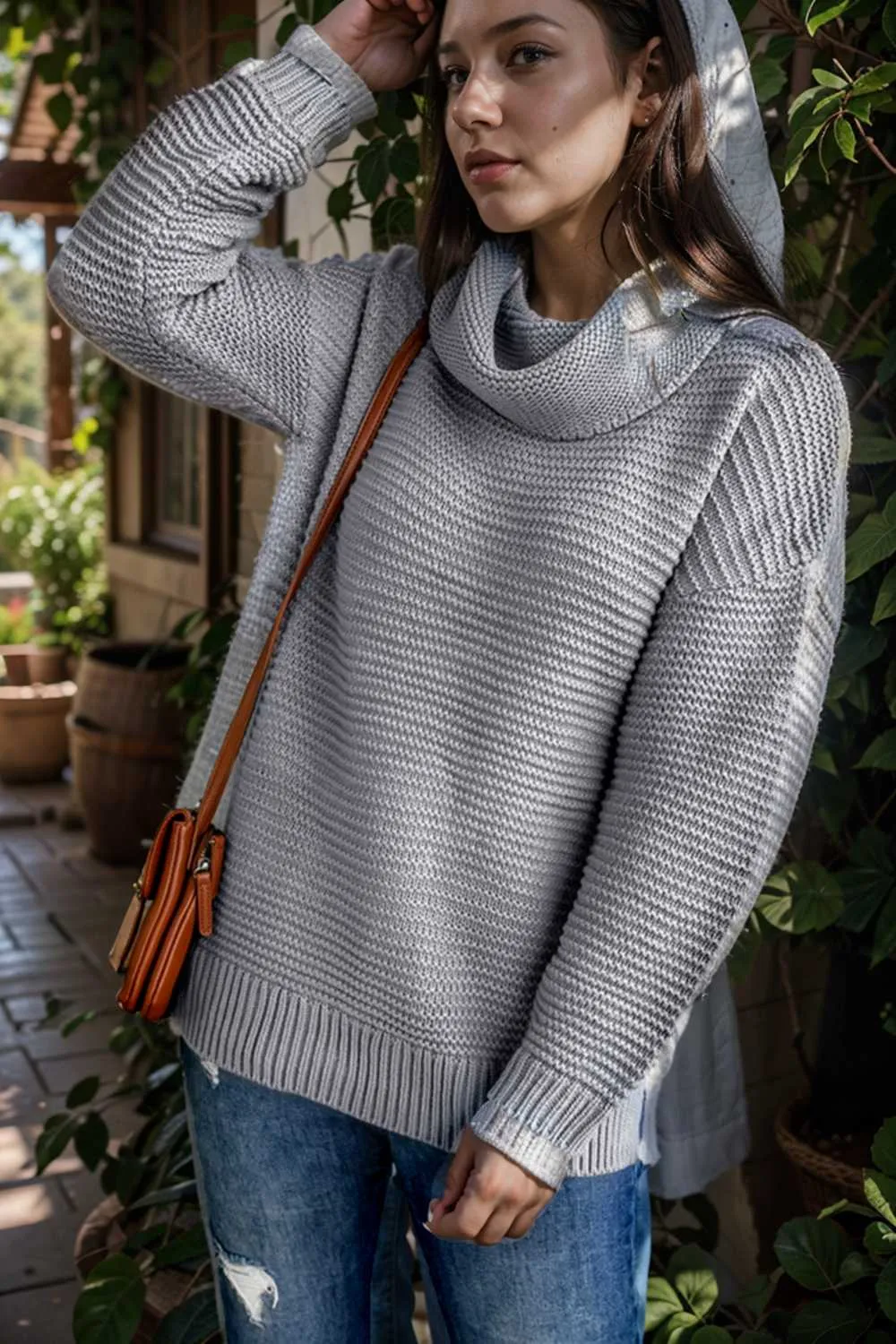 casual chunky knit mock neck long sleeve split pullover sweater