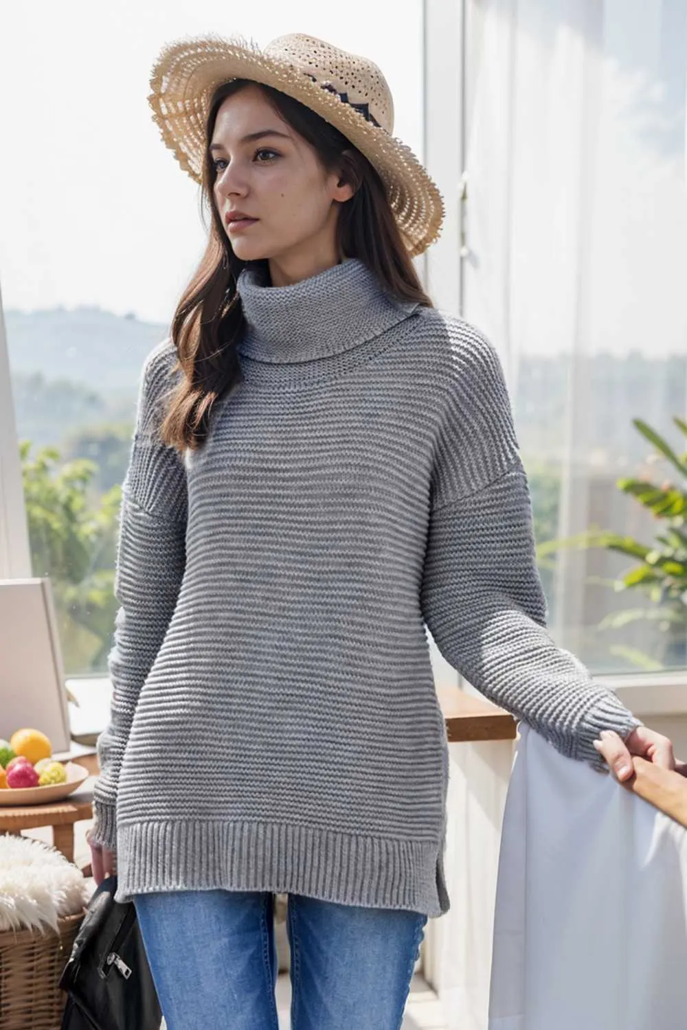 casual chunky knit mock neck long sleeve split pullover sweater