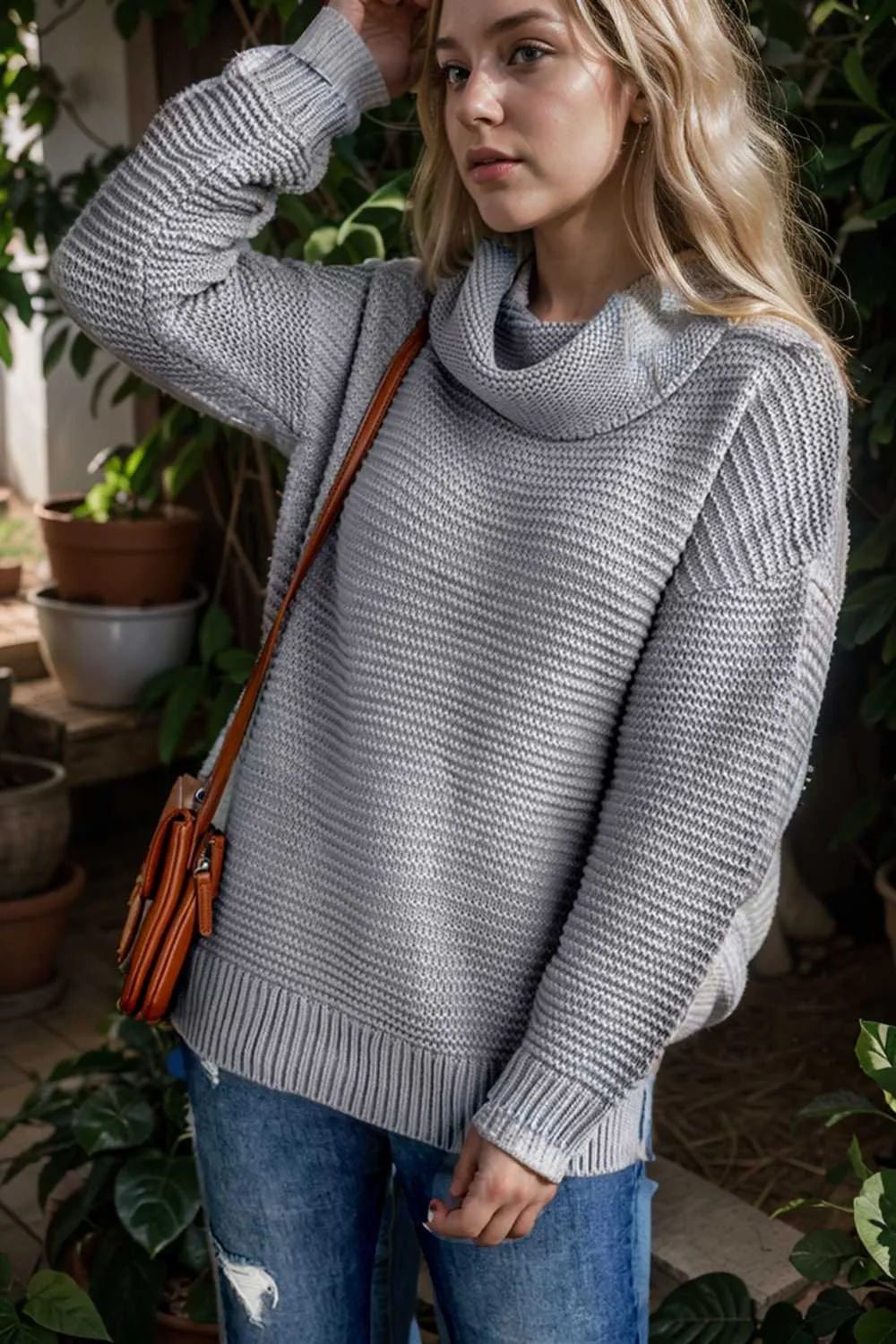 casual chunky knit mock neck long sleeve split pullover sweater