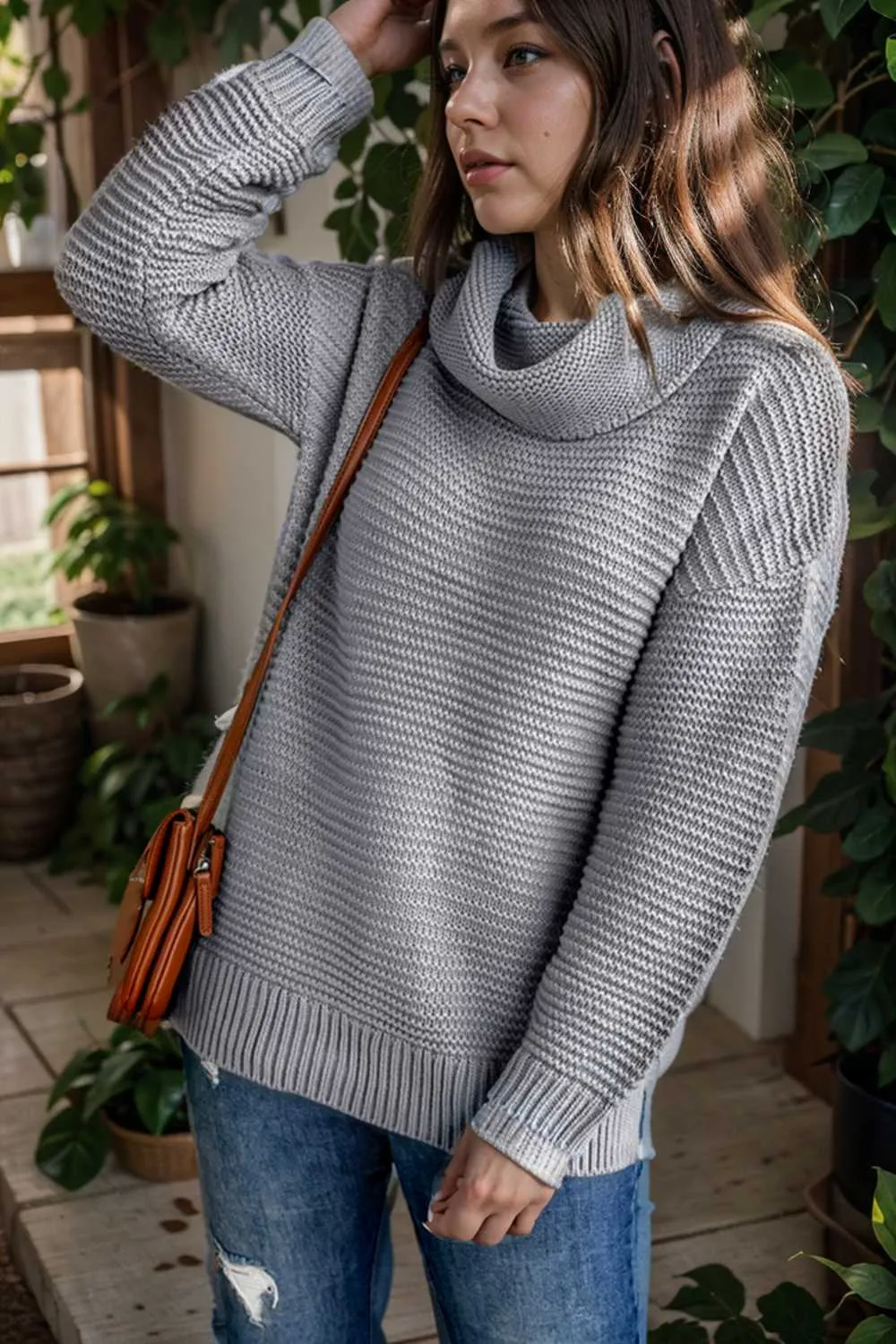 casual chunky knit mock neck long sleeve split pullover sweater