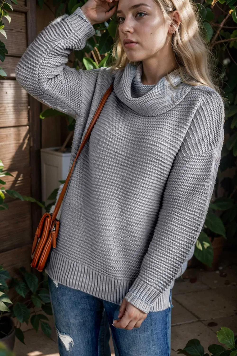 casual chunky knit mock neck long sleeve split pullover sweater