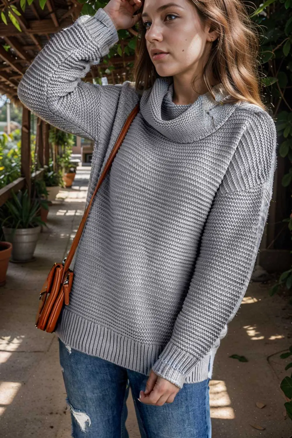 casual chunky knit mock neck long sleeve split pullover sweater