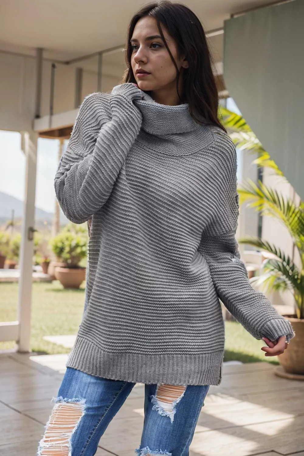 casual chunky knit mock neck long sleeve split pullover sweater