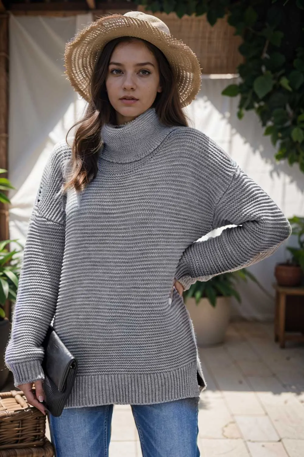 casual chunky knit mock neck long sleeve split pullover sweater