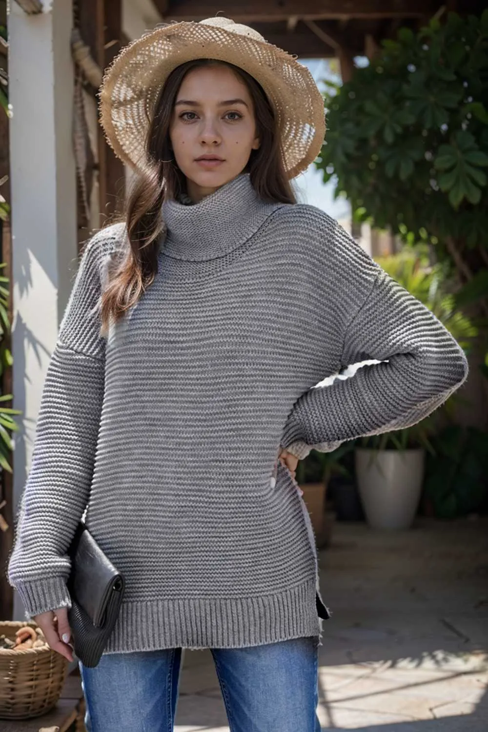 casual chunky knit mock neck long sleeve split pullover sweater