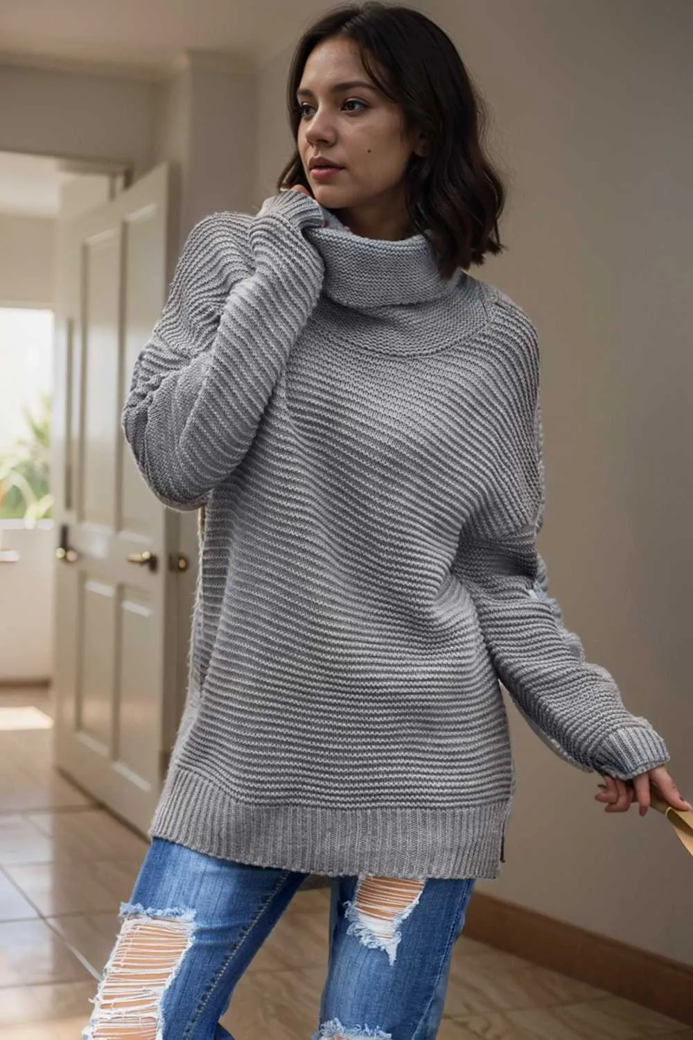 casual chunky knit mock neck long sleeve split pullover sweater