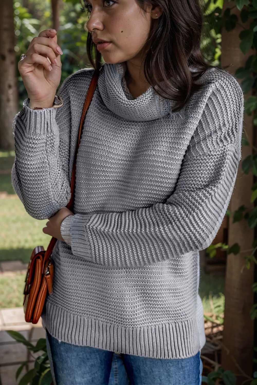 casual chunky knit mock neck long sleeve split pullover sweater