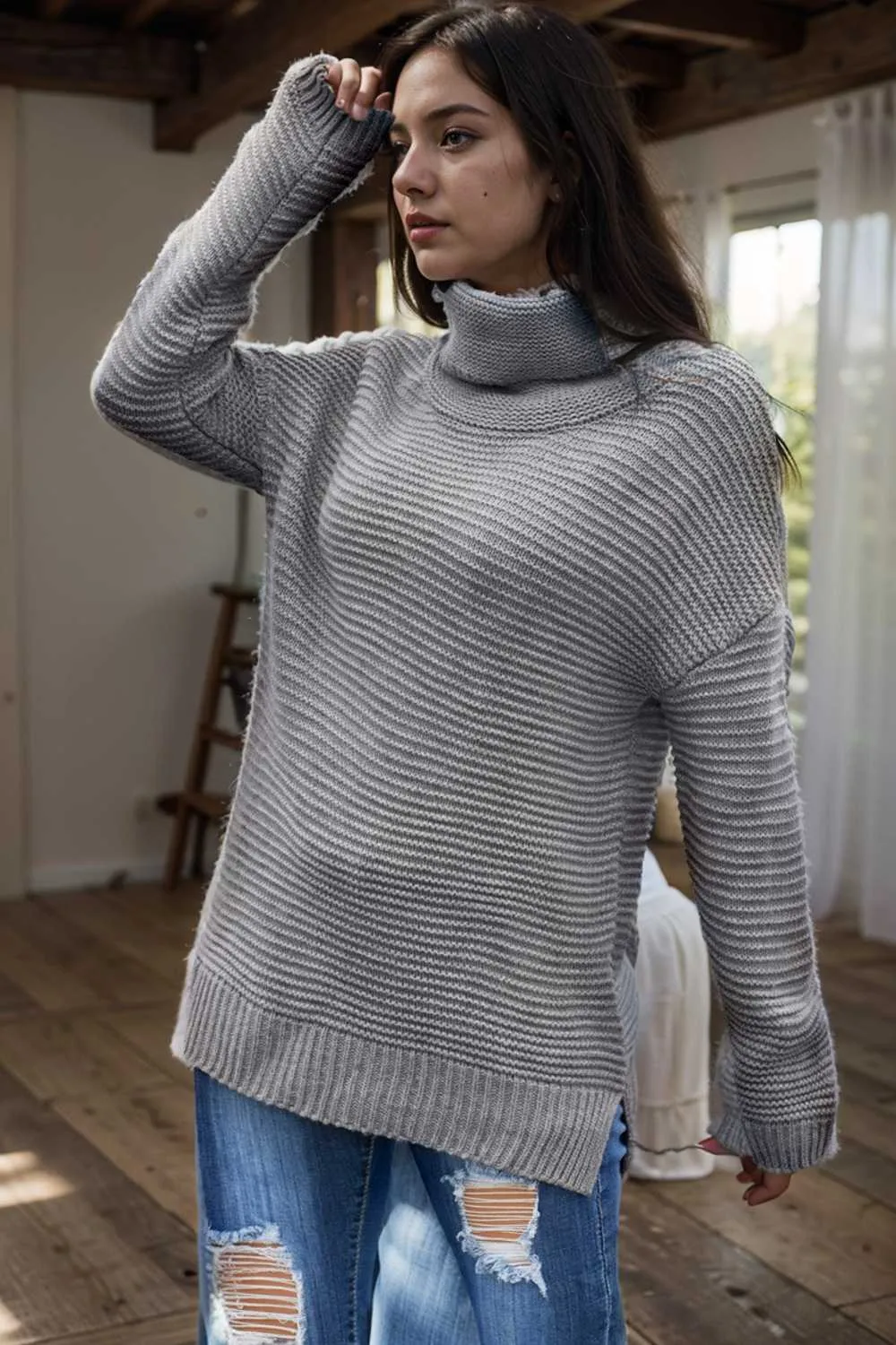 casual chunky knit mock neck long sleeve split pullover sweater