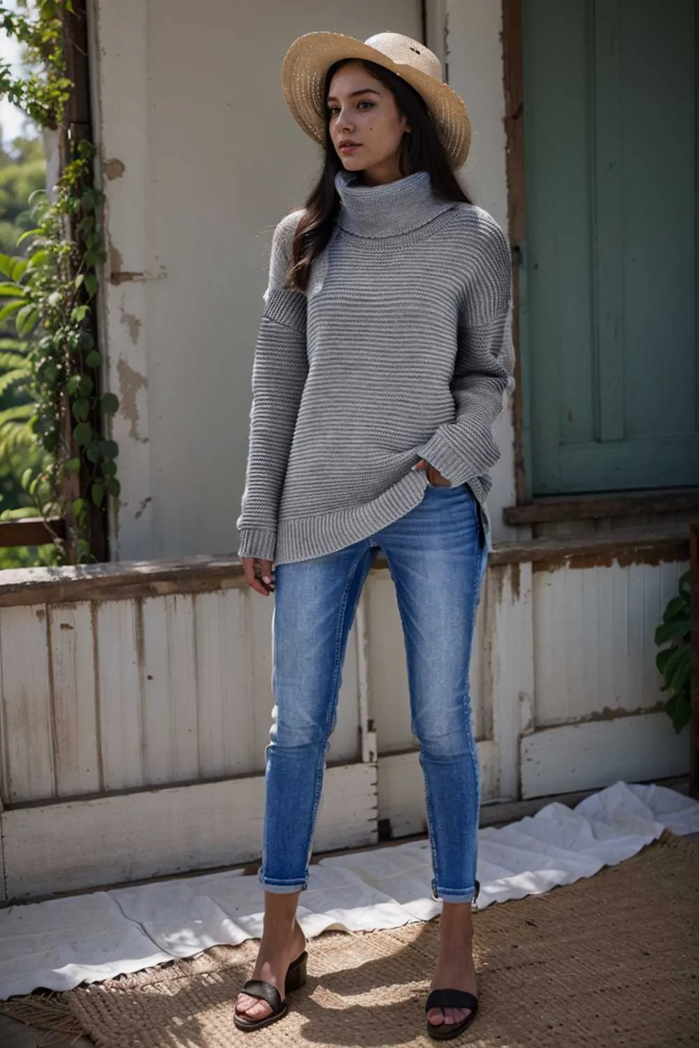 casual chunky knit mock neck long sleeve split pullover sweater