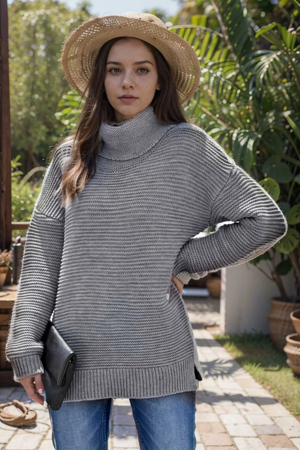 casual chunky knit mock neck long sleeve split pullover sweater