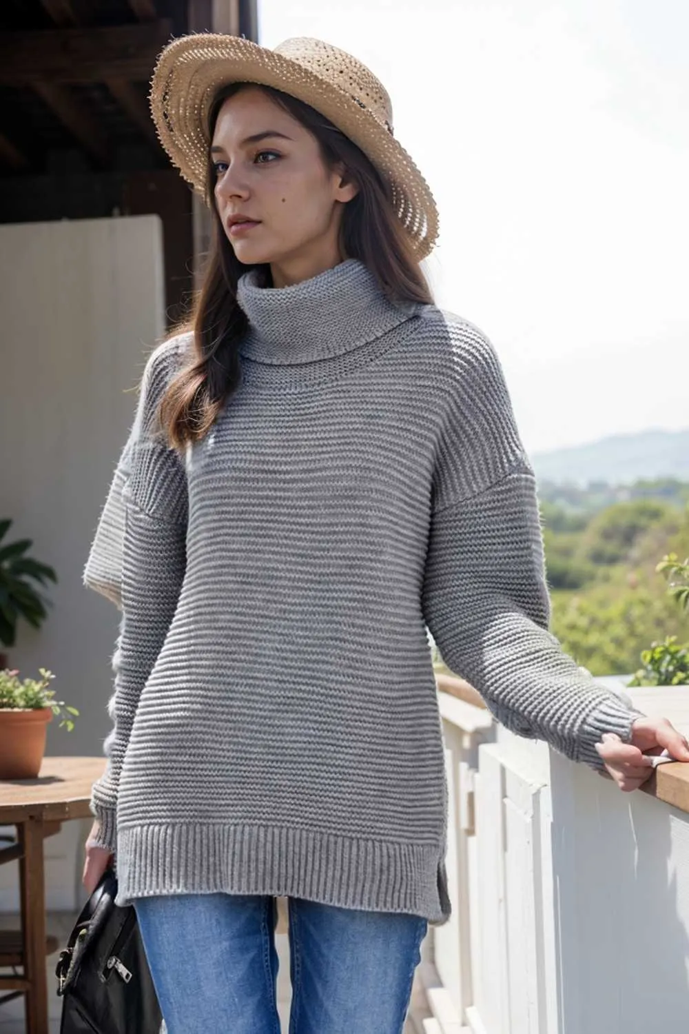 casual chunky knit mock neck long sleeve split pullover sweater