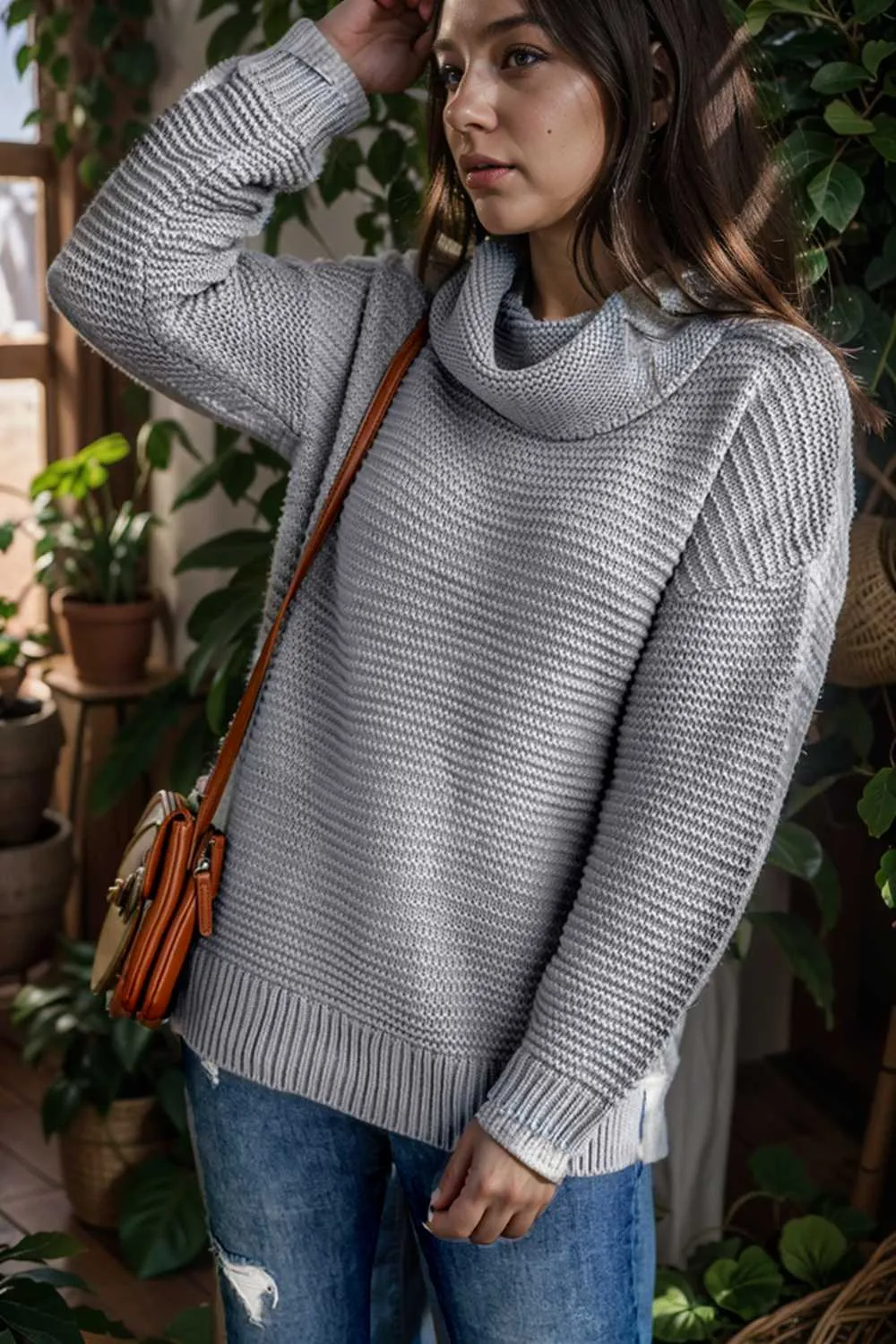 casual chunky knit mock neck long sleeve split pullover sweater