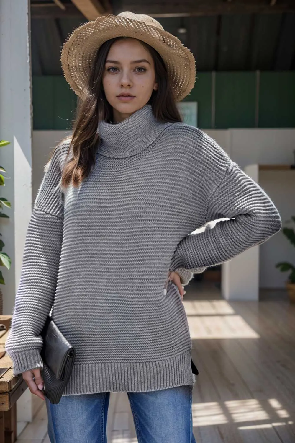 casual chunky knit mock neck long sleeve split pullover sweater