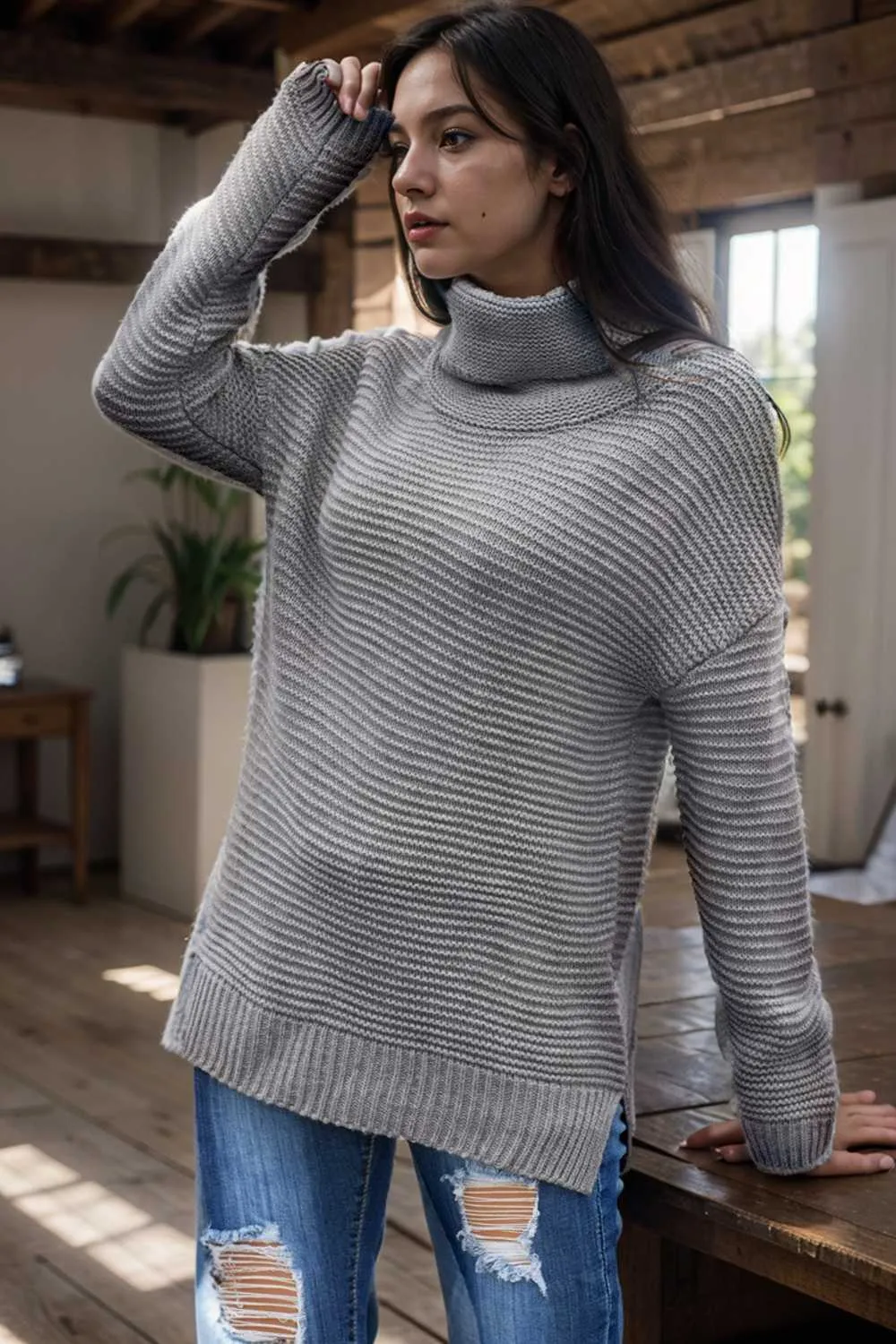 casual chunky knit mock neck long sleeve split pullover sweater