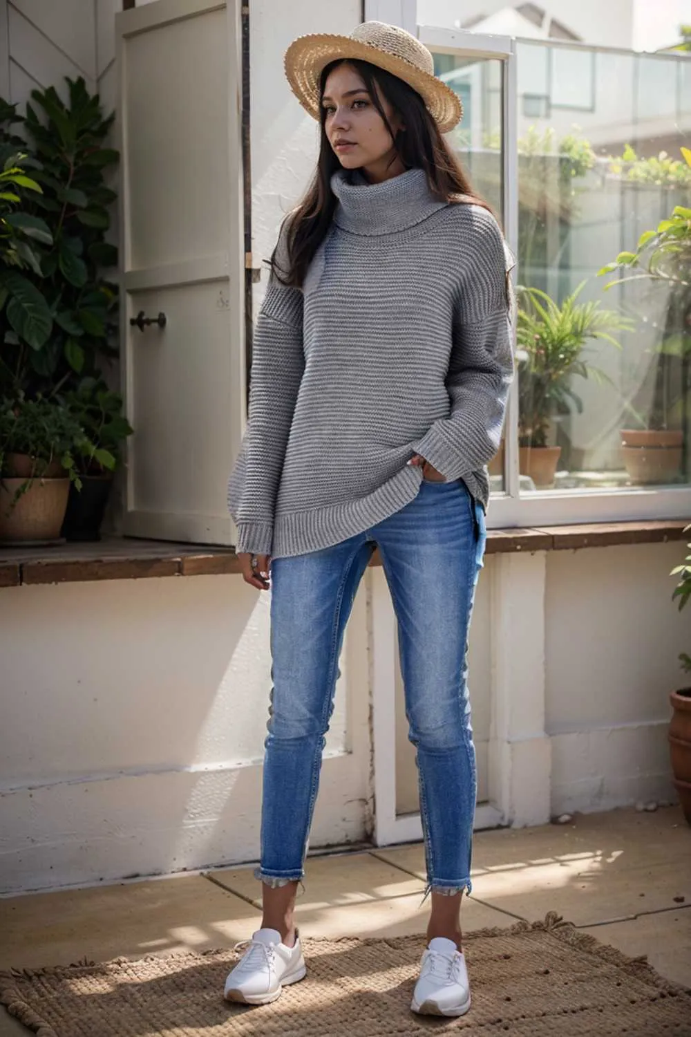 casual chunky knit mock neck long sleeve split pullover sweater