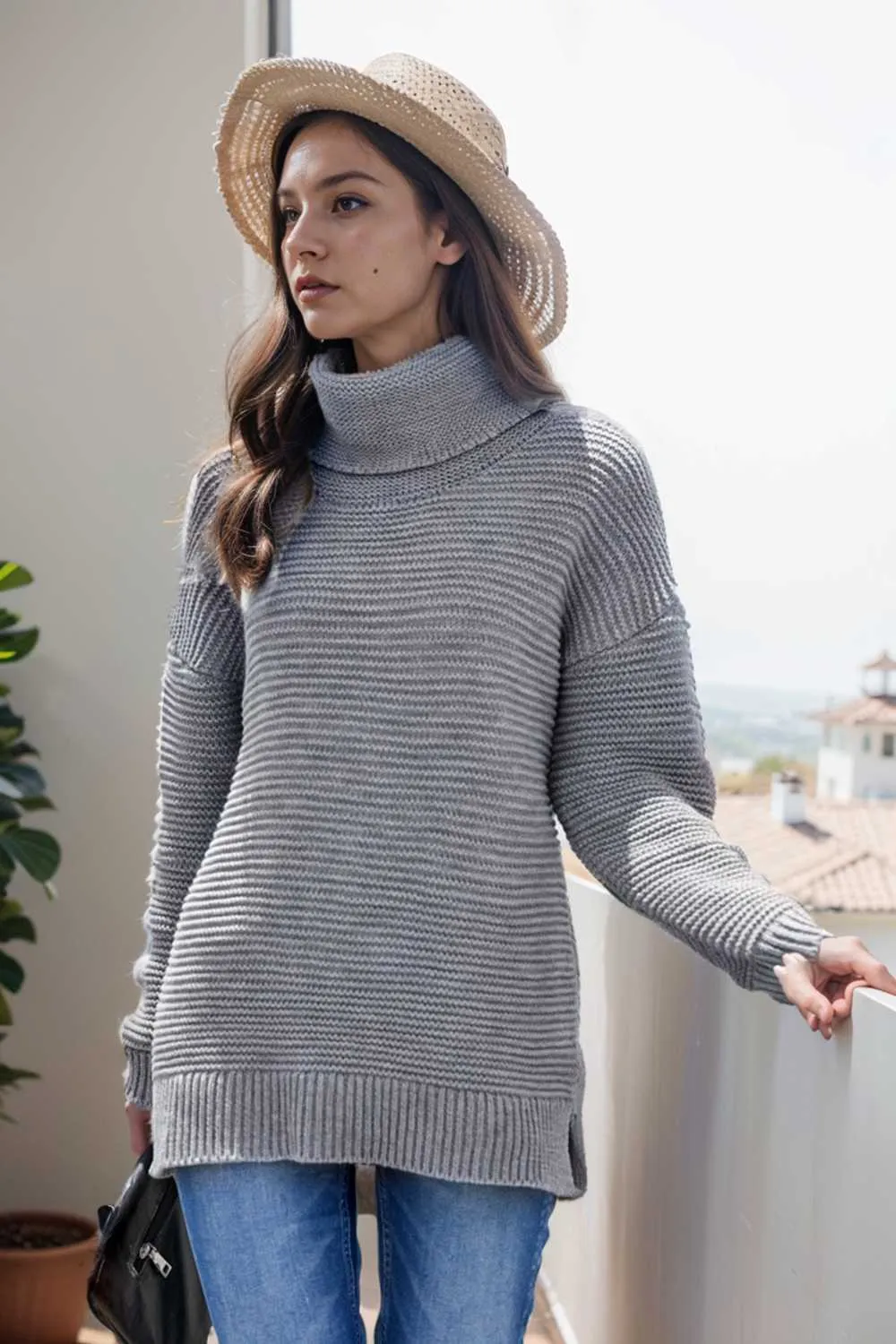 casual chunky knit mock neck long sleeve split pullover sweater