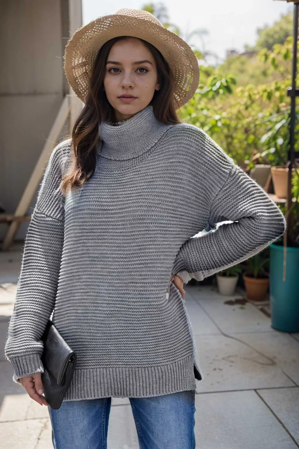 casual chunky knit mock neck long sleeve split pullover sweater