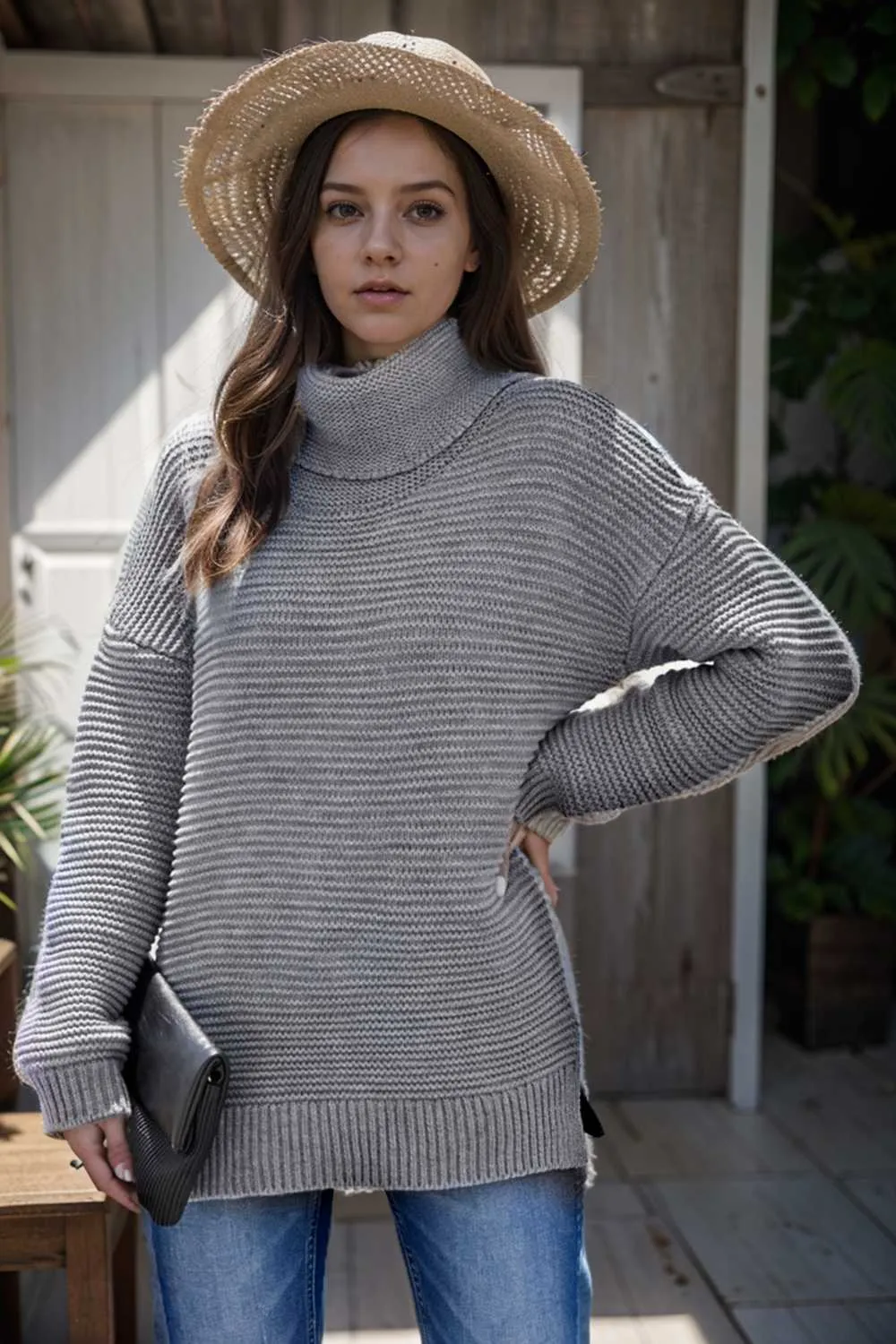 casual chunky knit mock neck long sleeve split pullover sweater