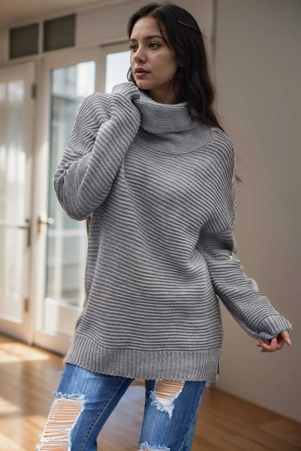 casual chunky knit mock neck long sleeve split pullover sweater