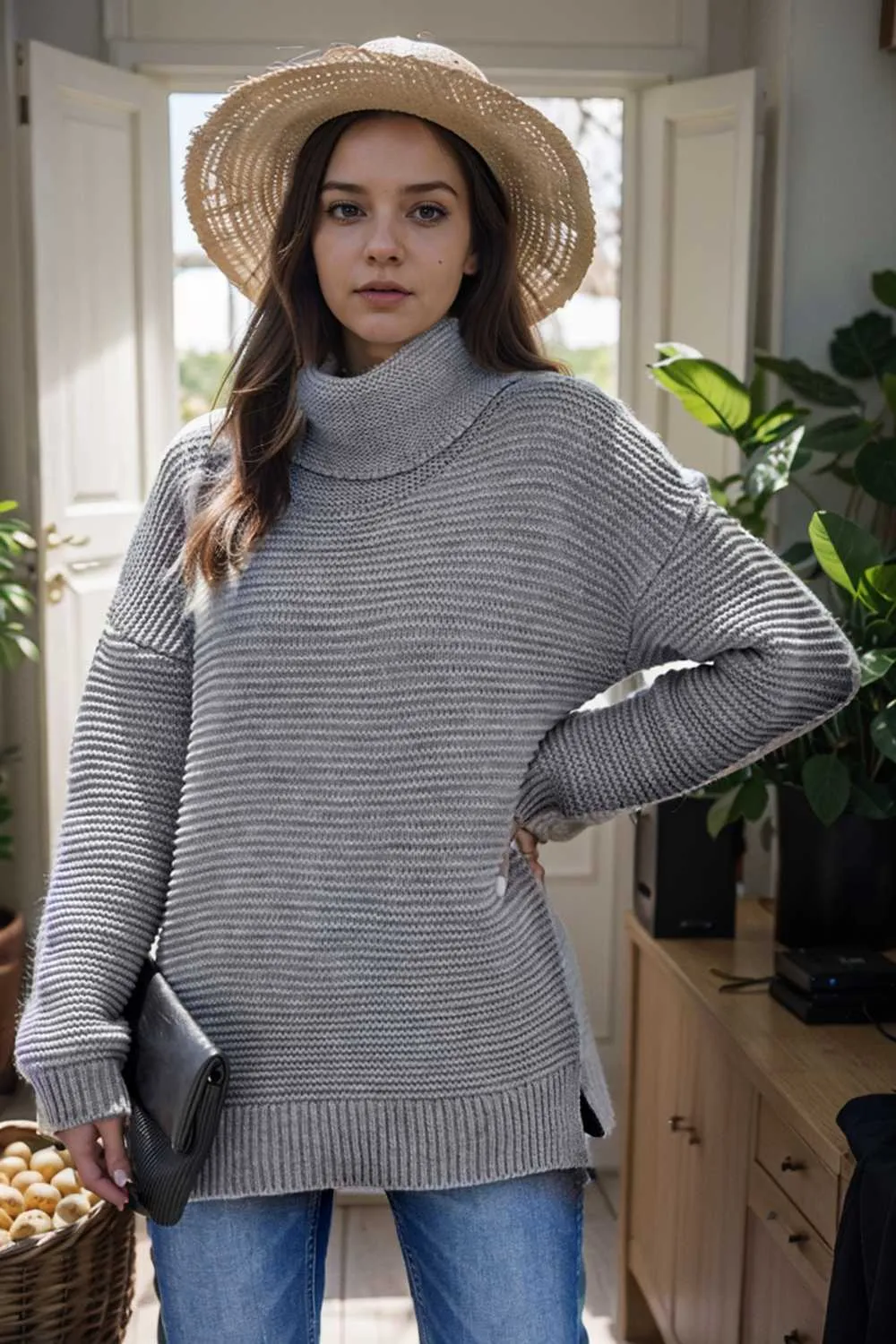 casual chunky knit mock neck long sleeve split pullover sweater